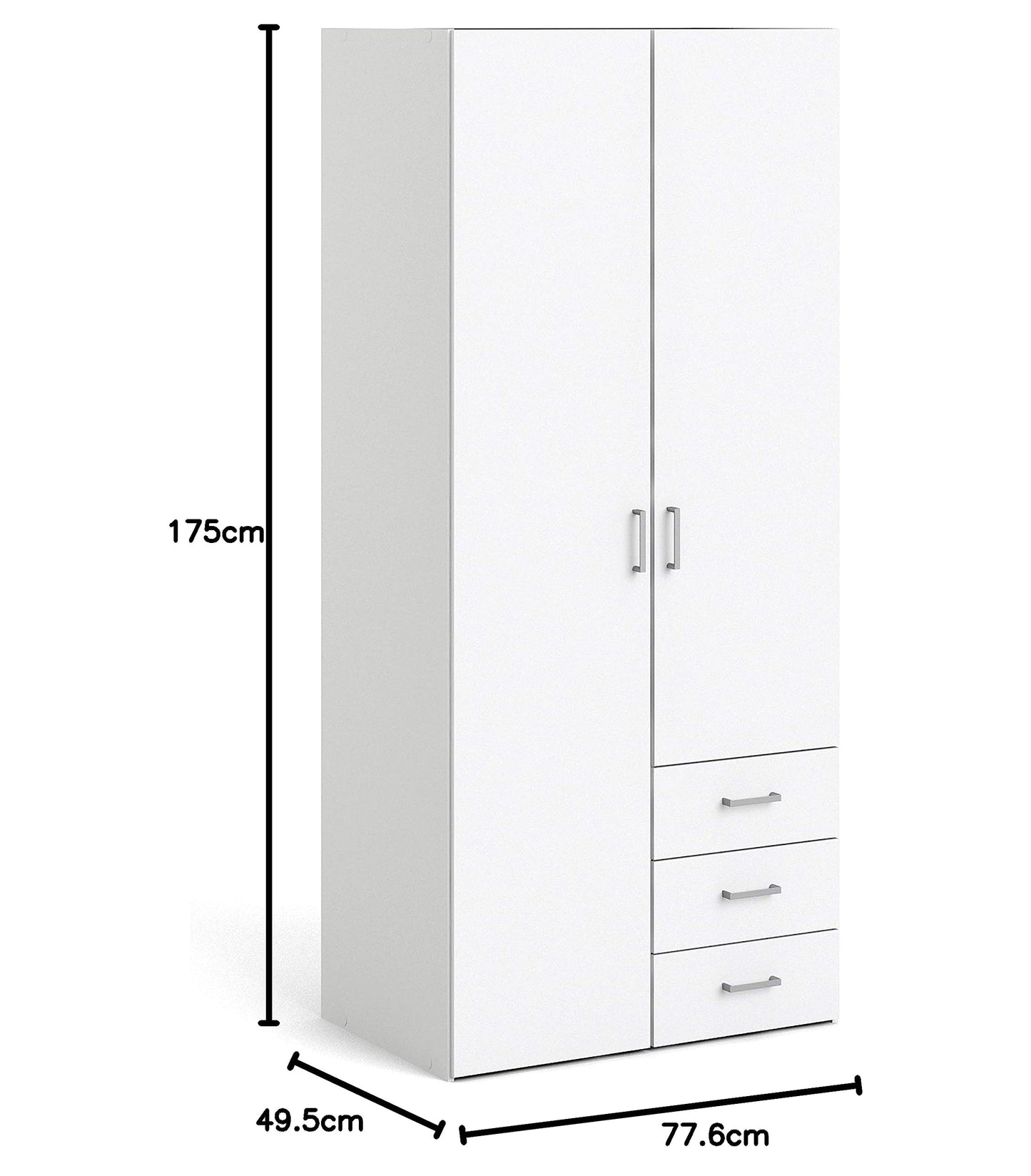 Space Wardrobe with 2 Doors and 3 Drawers in White, Wood Armoire with Hanging Rail and Shelves, Large Bedroom Storage Cabinet, Combination Closet