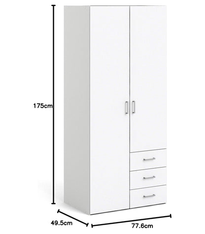 Space Wardrobe with 2 Doors and 3 Drawers in White, Wood Armoire with Hanging Rail and Shelves, Large Bedroom Storage Cabinet, Combination Closet