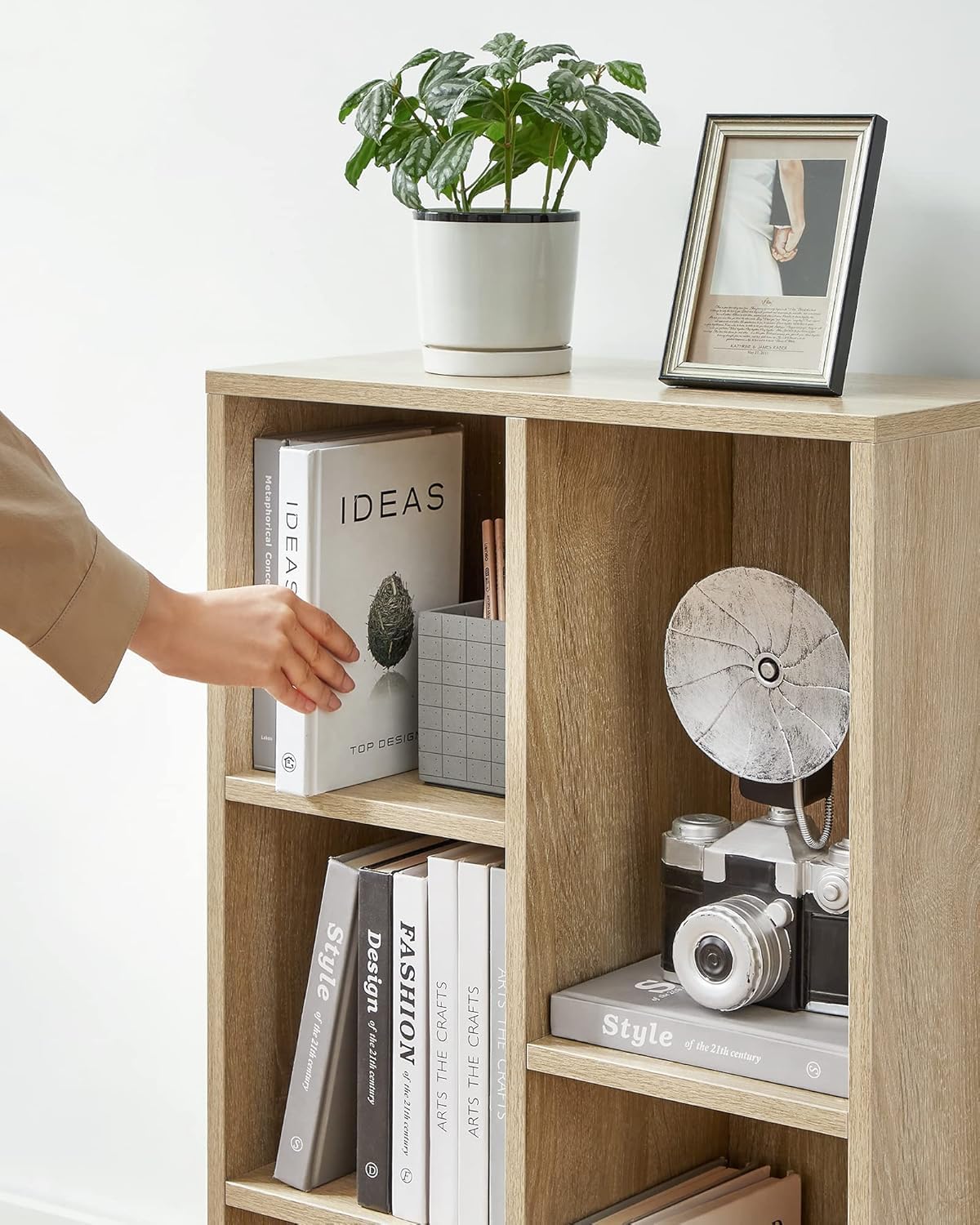 Wooden Bookcase for Kids with 5 Sections, Decorative Storage Unit and Floor Standing File Cabinet for Study or Playroom, 80cm Tall in Beige Manufactured Wood