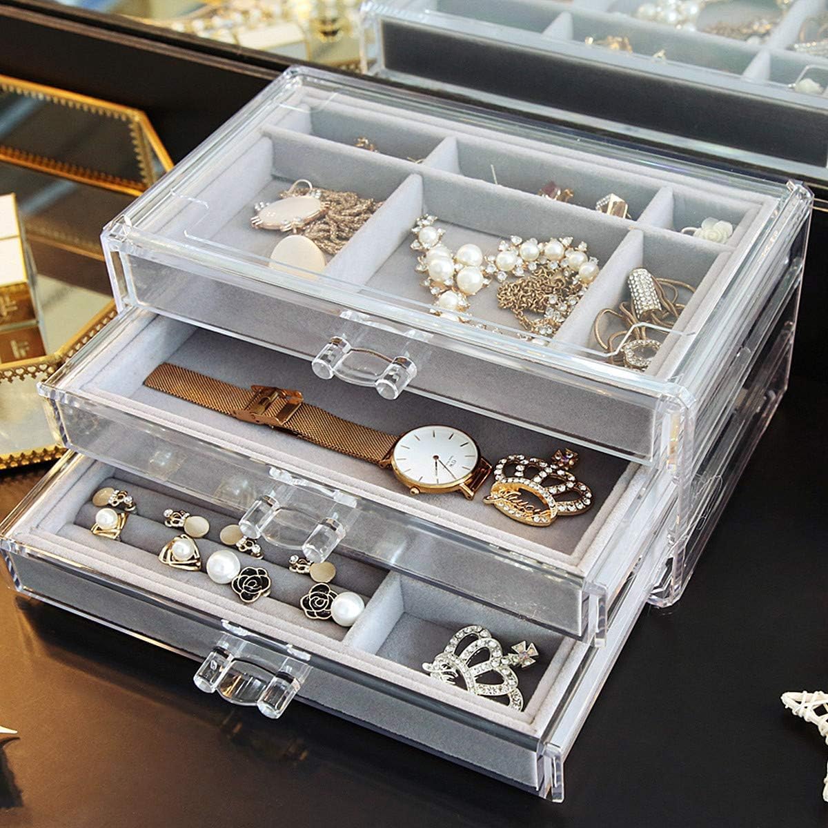 3-Drawer Acrylic Jewelry Box with Gray Velvet, Clear Organizer and Display Case, Stackable Trays for Earrings, Rings, Necklaces, and Bracelets, Gift for Women