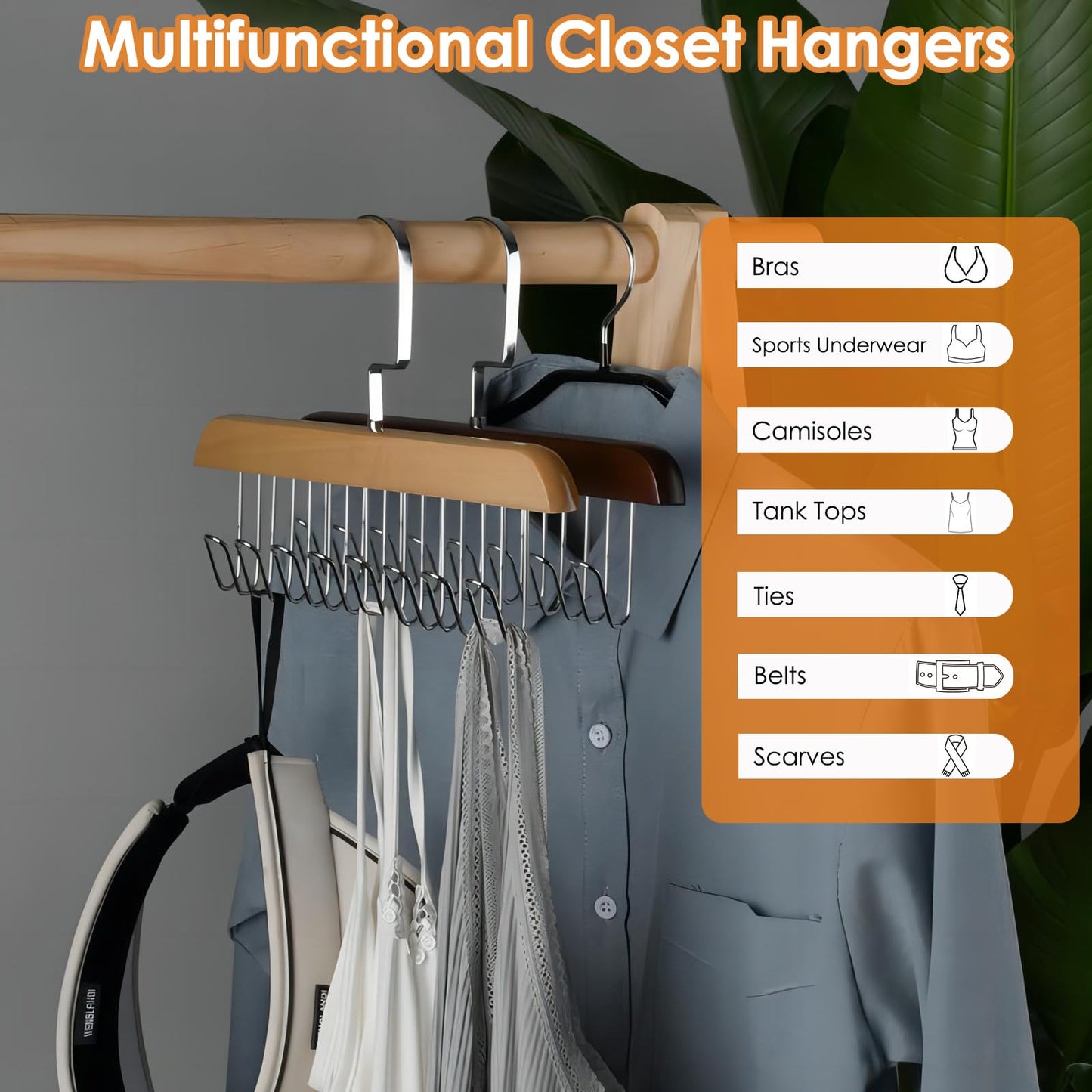 Sigowal 2 Pack Belt Hanger for Closet, Sturdy Wooden Belt Holder with 8 Hooks, Space Save Tank Top Bra Hanger, Wood Belt Organizer for Closet, 360°Rotating Tie Rack for Belt Tie Scarf Tank Top (Brown)