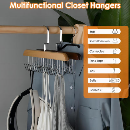 Sigowal 2 Pack Belt Hanger for Closet, Sturdy Wooden Belt Holder with 8 Hooks, Space Save Tank Top Bra Hanger, Wood Belt Organizer for Closet, 360°Rotating Tie Rack for Belt Tie Scarf Tank Top (Brown)