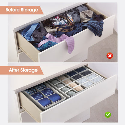 4-Pieces Fabric Wardrobe Organizer, Foldable Storage Bins for Underwear, Socks, Bras, and Accessories, Grey, 15 x 11 x 31 cm