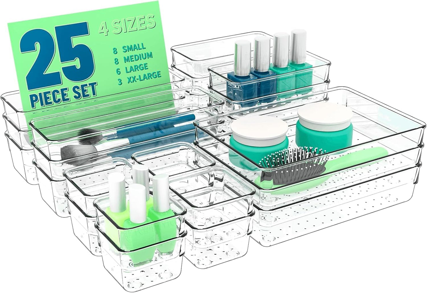 25 Pcs Clear Plastic Drawer Organizer Set,4 Sizes In Drawer Organizer Trays for Bathroom,Office,Kitchen Cabinet and Vanity Organizers,Desk Drawer Organizer Bins for Jewelry,Cosmetic,Utensil,Junk
