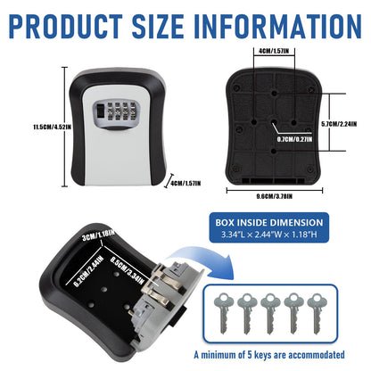 Key Lock Box Wall Mounted, 4 Digit Combination Lockbox for Outside House Keys,Key Safe Security Storage Lock Box 5 Keys Large Capacity with Resettable Code for Indoor Outdoor Garage Weatherproof