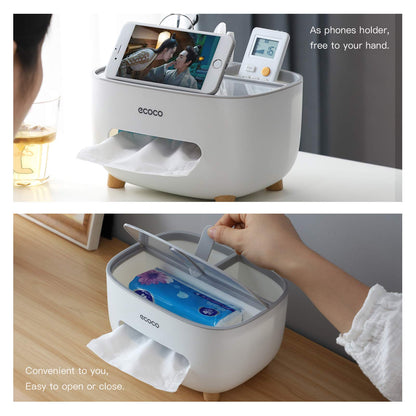 tissue box cover holder with storage, napkin tissue box, multi-function tissue box abs material storage organizer caddy for bathroom, bedroom and office, grey white