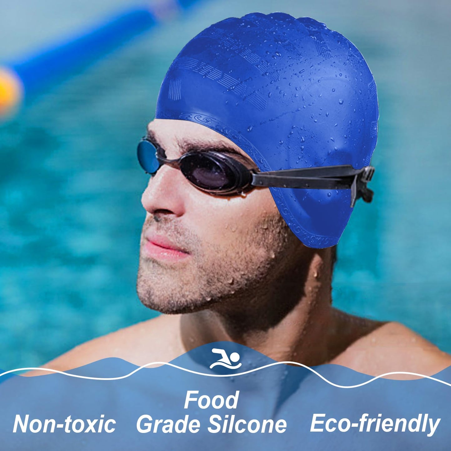 LEDEAK Swimming Pool Cap with 3D Ear Protection, Waterproof Silicone Swimming Cap, Swimming Cap for Men Women Long and Short Hair (Blue)