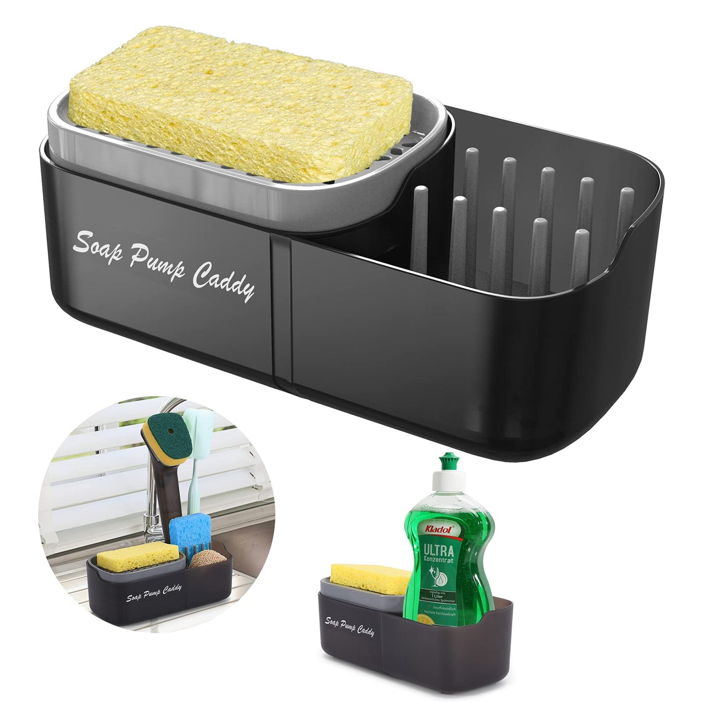 Soap Dispenser with Cleaning Leaf Holder for Kitchen, Semi Automatic Soap Dispenser with Side Organizer, Removable Soap Tank for Saving Space and Tidying Kitchen Tools