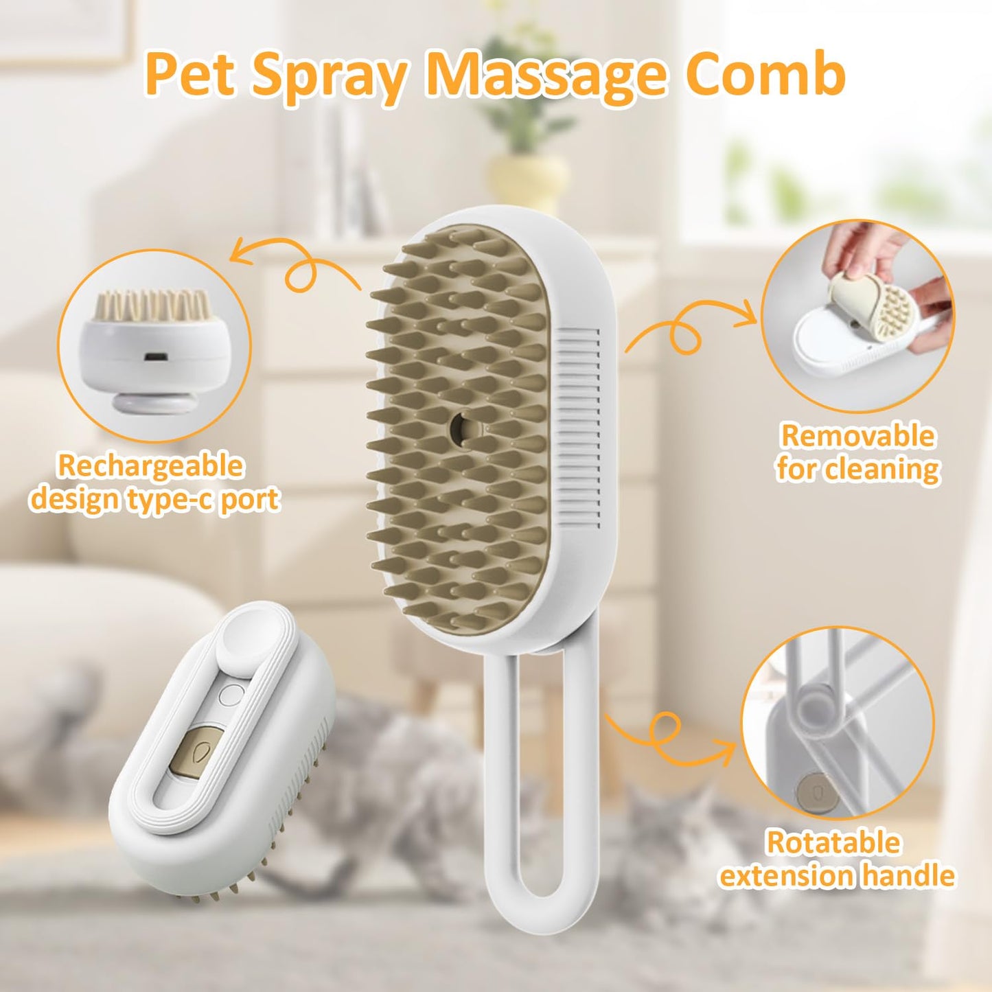 Necomi 3 in 1 Steam Cat Brush - Self Cleaning Massage Brush for Removing Static, Tangled and Loose Hair - Pet Hair Removal Comb for Cats and Dogs