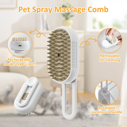 Necomi 3 in 1 Steam Cat Brush - Self Cleaning Massage Brush for Removing Static, Tangled and Loose Hair - Pet Hair Removal Comb for Cats and Dogs