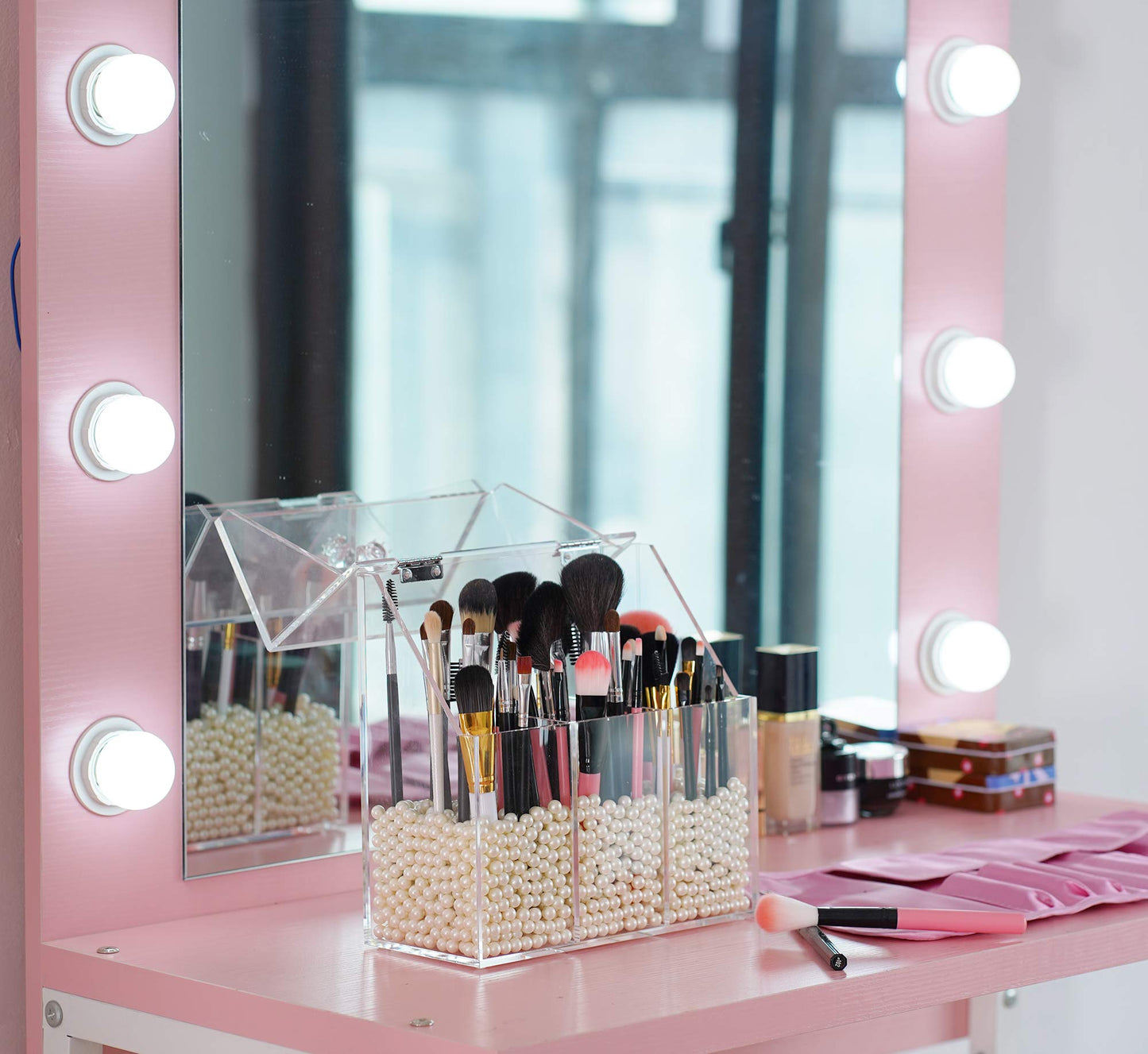 Clear Acrylic Makeup Brush Holder with Dustproof Lid, Large Capacity Cosmetic Brush Storage Organizer for Vanity