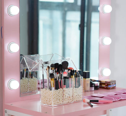Clear Acrylic Makeup Brush Holder with Dustproof Lid, Large Capacity Cosmetic Brush Storage Organizer for Vanity
