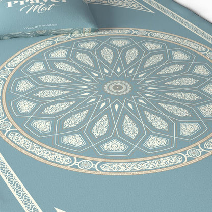Velvet Prayer Mat in a calming Blue, 68x117 cm, a luxurious Islamic rug featuring an elegant dome design, made from soft material for a comfortable and deeply focused prayer time