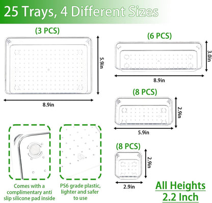 25 Pcs Clear Plastic Drawer Organizer Set,4 Sizes In Drawer Organizer Trays for Bathroom,Office,Kitchen Cabinet and Vanity Organizers,Desk Drawer Organizer Bins for Jewelry,Cosmetic,Utensil,Junk