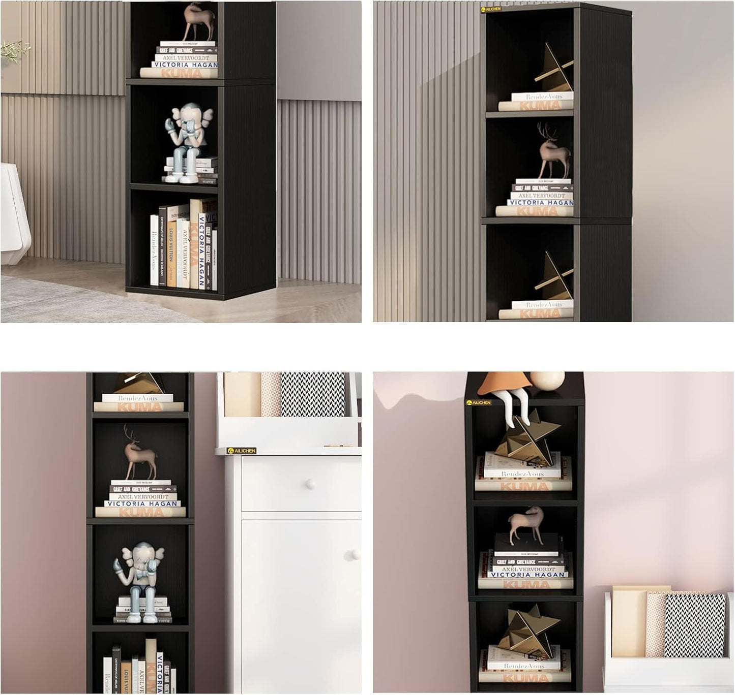 Tall Narrow Bookshelf, 6 Shelf Wooden Corner Bookcase, Modern Skinny Cubes Storage Organizer Display Shelving for Bedroom, Library, Living Room, or Home Office (Black)