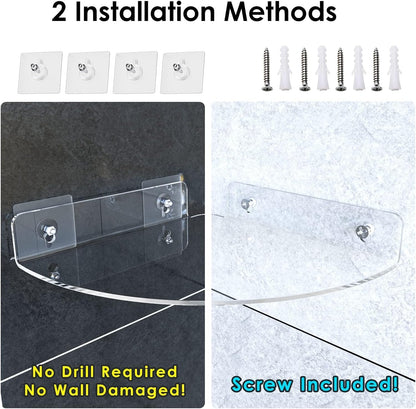 Corner Acrylic Shower Caddy Shelf 2 Pack, Wall Mounted Bathroom Organizer with Adhesive or Drill Installation, Rustproof Shampoo Holder for Tile Walls, 23 x 23 x 4.5 cm