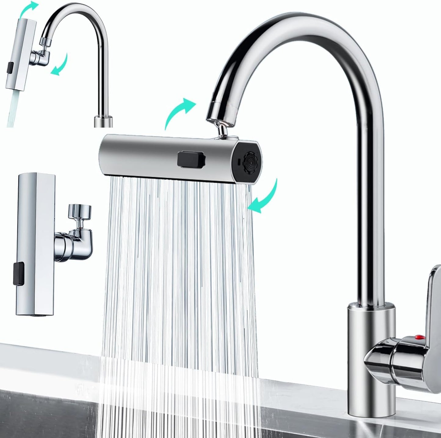 P PIPITA New Waterfall Kitchen Faucet, 3 In 1 360° Rainfall Kitchen Sink Faucet, Multi Function Faucet for Washing Vegetable Fruit, Anti-Splash Device for Kitchen, Bathroom,Silver