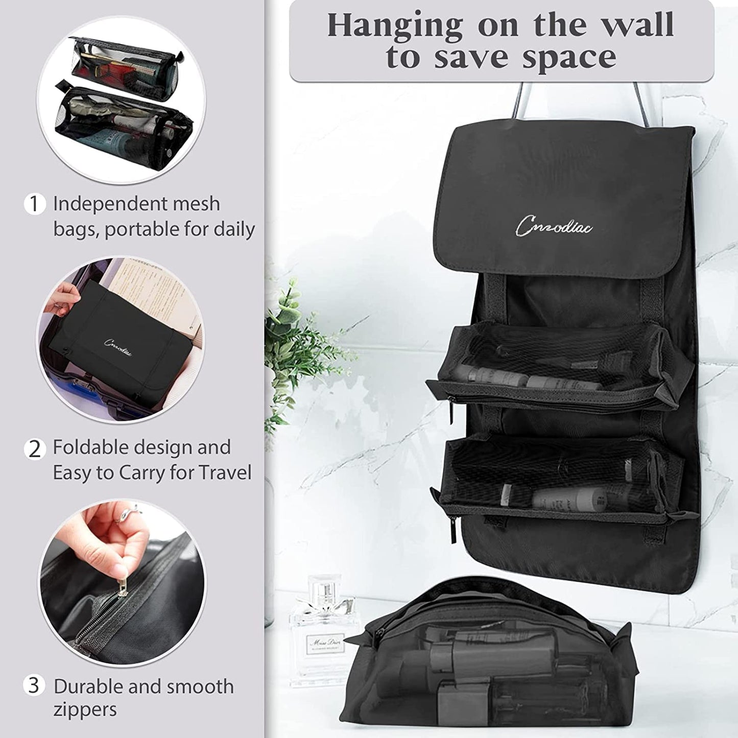 JD FRESH 4 in 1 Large Cosmetic Mesh Bag/Toiletry Pouch for Men and Women/Makeup Organizer/Portable Travel Bag/Makeup Essentials(Black)