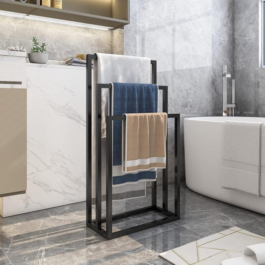 3-Tier Black Metal Towel Rack - Chrome Tall Industrial Modern Freestanding Towel Holder for Bathroom Accessories