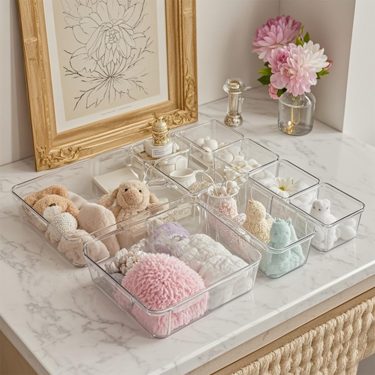 Pansente 25 PCS Adjustable Desk Drawer Organizer, Acrylic Clear Drawer Organizers, 3 Size Desk Drawer Organizer for Cosmetics, Jewellery, Office, Gadgets, Kitchenware