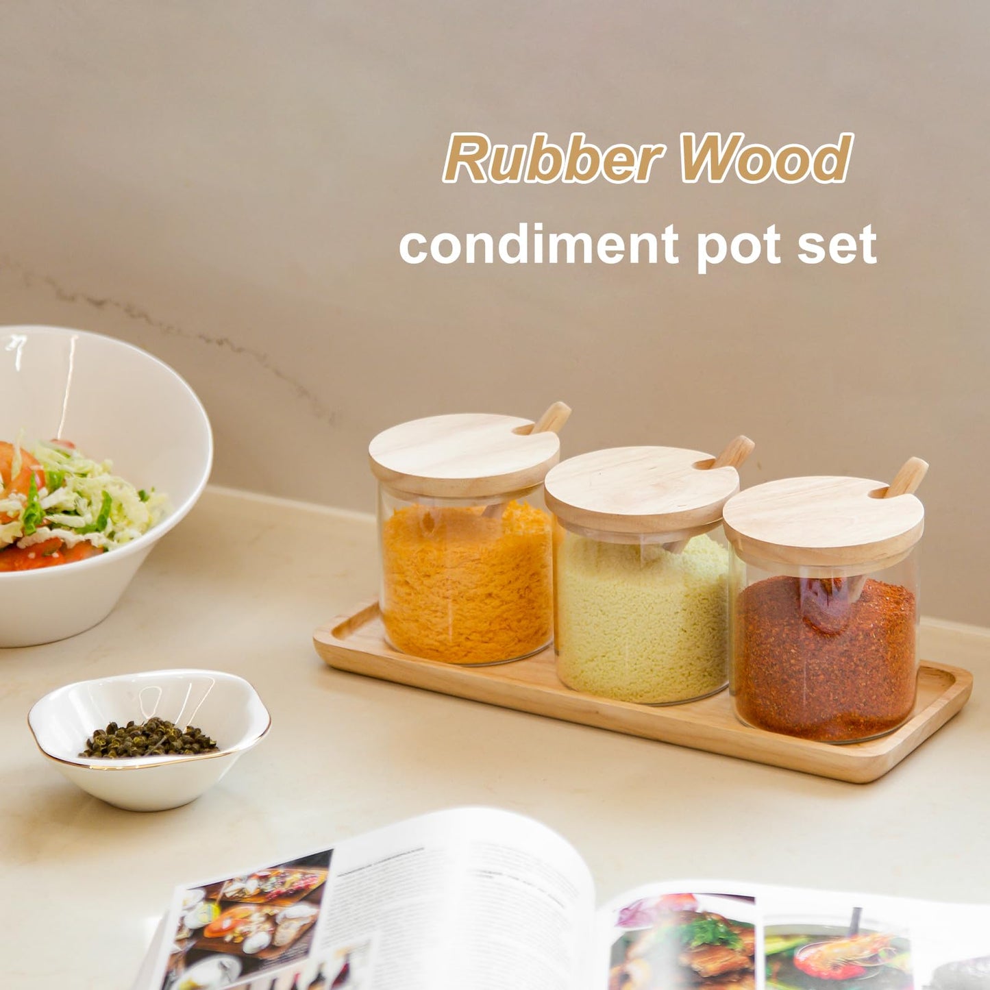 LOCDION 3 PCS Condiment Pots Set,Decorative Storage Seasoning Glass Container Box with Wood Spoon Lid and Base for Home Kitchen café Storing Salt Sugar Pepper Spice(Rubber Wood)