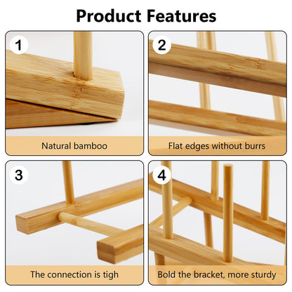 WATUNID Pack of 2 Wooden Plate Stands, 5 Slots Bamboo Plate Holder, Kitchen Wood Draining Board Plate Stand, Dish Drainer Kitchen Cabinet Organiser for Storage, CD Tableware, Book, Wine Glass