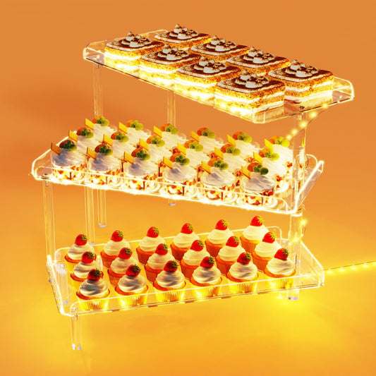 3-Tier Acrylic Cupcake Stand with LED Base, Clear Dessert Display Tray, 3mm Thick Shelves, Space-Saving Party Holder for Birthday, Wedding, or Events, Warm Yellow Light