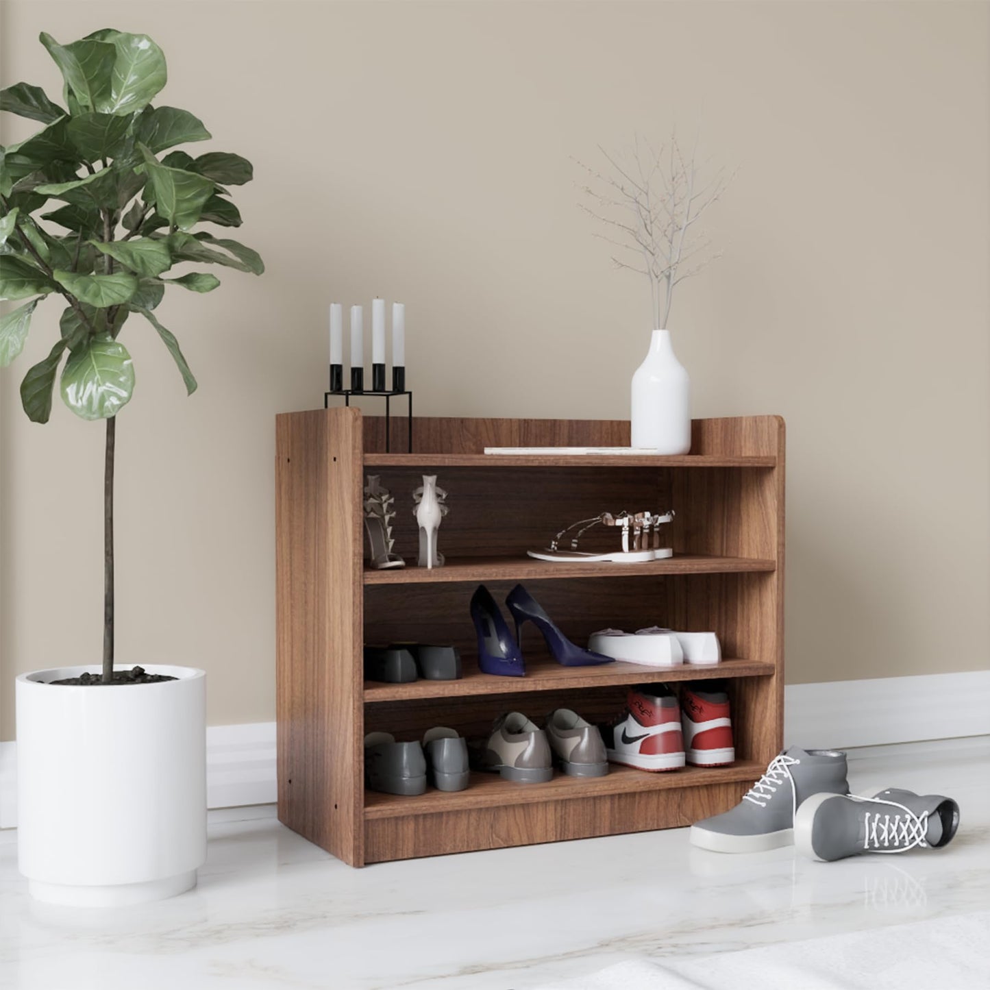 Wood Shoe Rack, Fits up to 15 Pairs, 4-Shelf Wooden Shoe Storage Organizer for Home, Knock-Down Design for Easy Assembly, Brown Finish