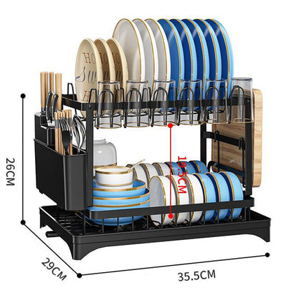 Dish Drying Rack,2 Tier Drying Rack Kitchen with Drainboard,Large Capacity Dish Drainer Organizer Shelf with Utensil Holder, Cup Rack for Kitchen Counter (Black)