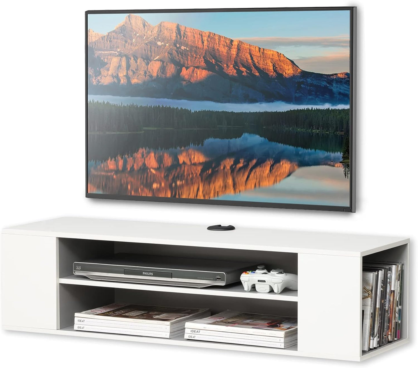 White Wooden Wall-Mounted TV Stand Shelf, Under-TV Storage Shelf and Media Console Rack for a Floating Entertainment Center in the Living Room, Space-Saving Furniture