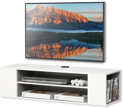 White Wooden Wall-Mounted TV Stand Shelf, Under-TV Storage Shelf and Media Console Rack for a Floating Entertainment Center in the Living Room, Space-Saving Furniture