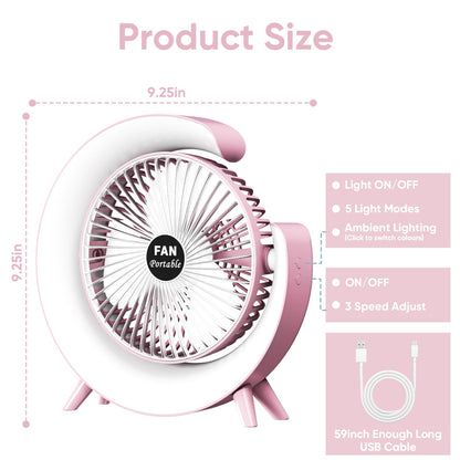 Osuke 5 inch Personal Desk Fan with LED Light,3 Speeds Portable Table Fan 180° Tilt,USB Rechargeable Battery Powered Fan,Quiet Cooling Fan for Bedroom Office Outdoor Camping Fan