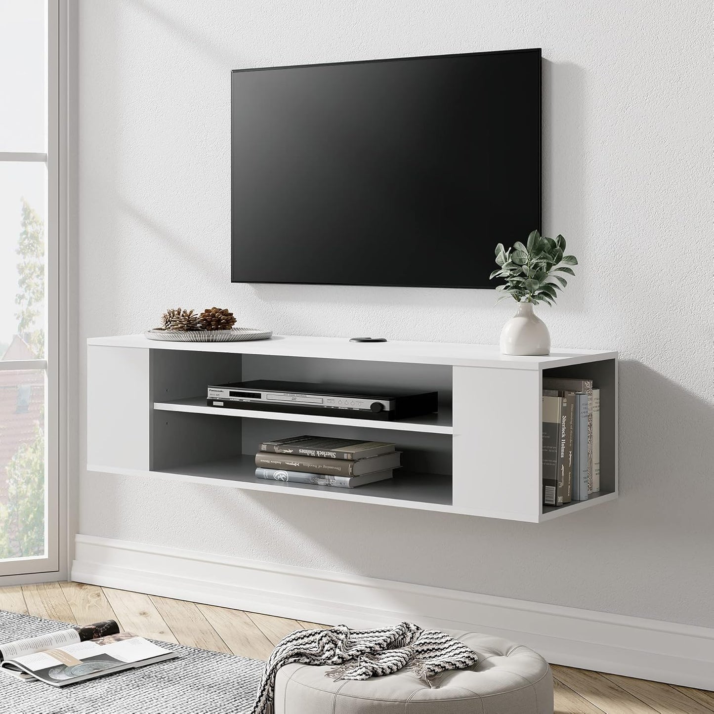 White Wooden Wall-Mounted TV Stand Shelf, Under-TV Storage Shelf and Media Console Rack for a Floating Entertainment Center in the Living Room, Space-Saving Furniture