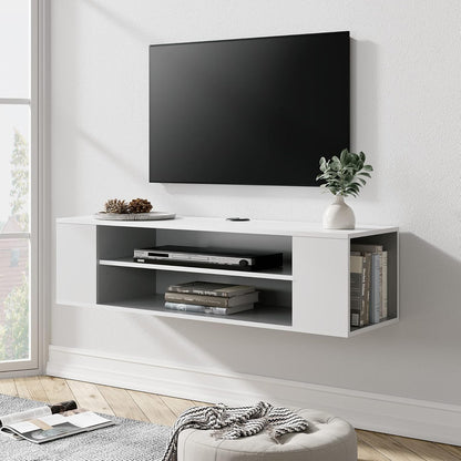 White Wooden Wall-Mounted TV Stand Shelf, Under-TV Storage Shelf and Media Console Rack for a Floating Entertainment Center in the Living Room, Space-Saving Furniture