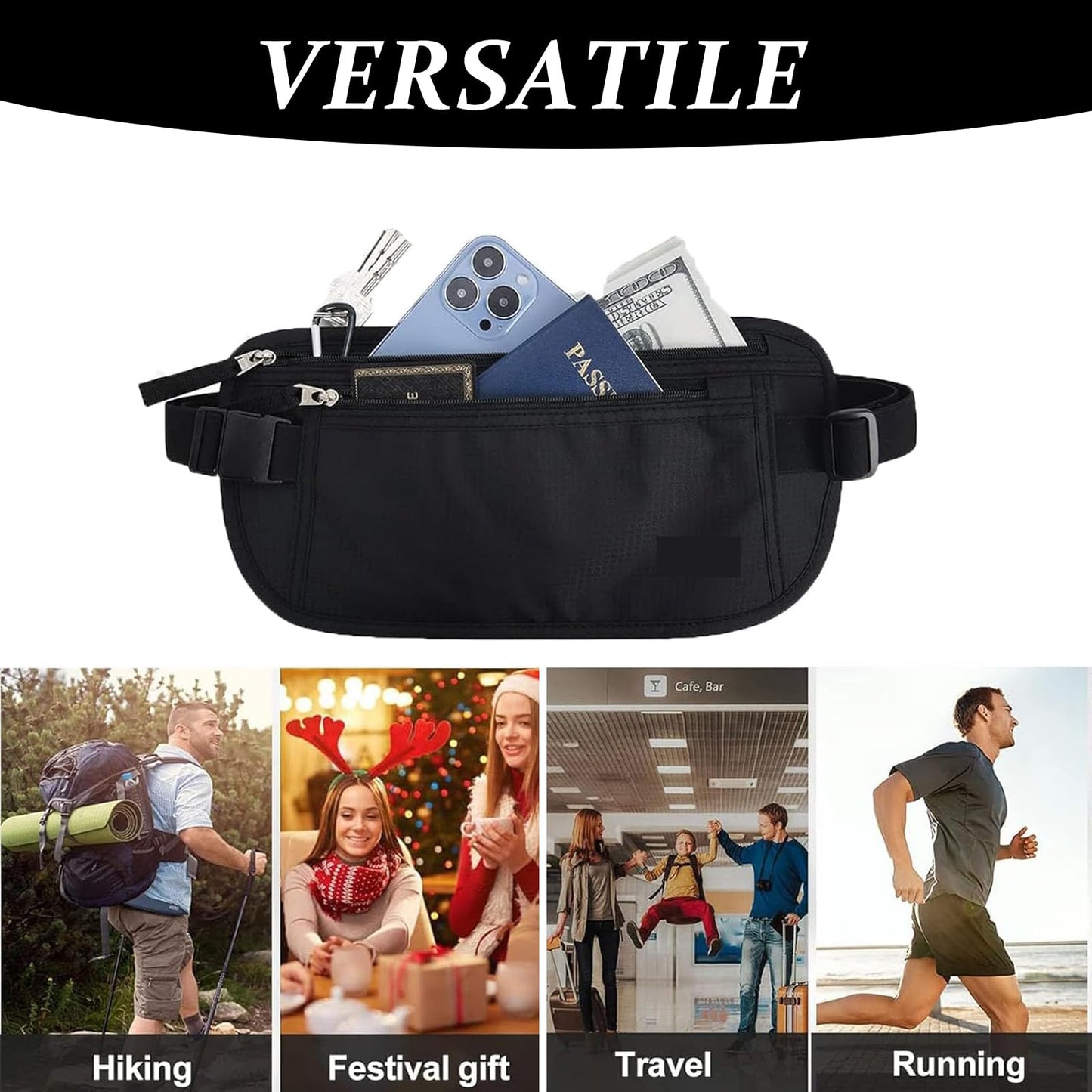 2 Pieces Waist Bag, Belt Bag for Travel Hidden Secret Wallet Hidden Under Clothes Anti-Theft Passport Wallets for Men Women Adjustable Elastic Bumbags for Ladies for Cell Phone Passport Cash