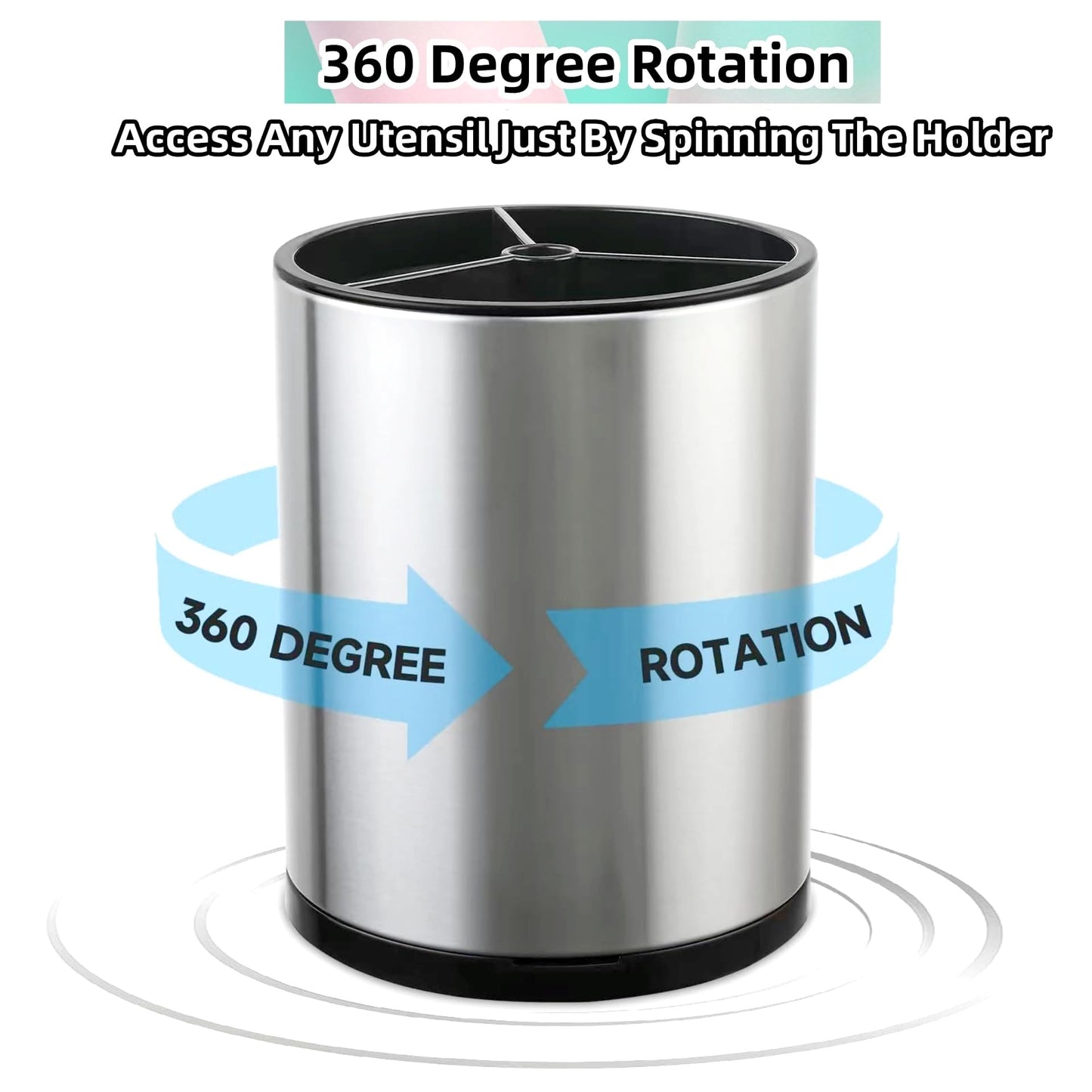 LIBODOUR Kitchen Utensil Holder Extra Large 360°Rotating For Counter Organizer Stainless Steel Storage Cooking Silverware Caddy 3 Compartment Flatware Spoon Spatula Tool Cutlery Container?Silvery?