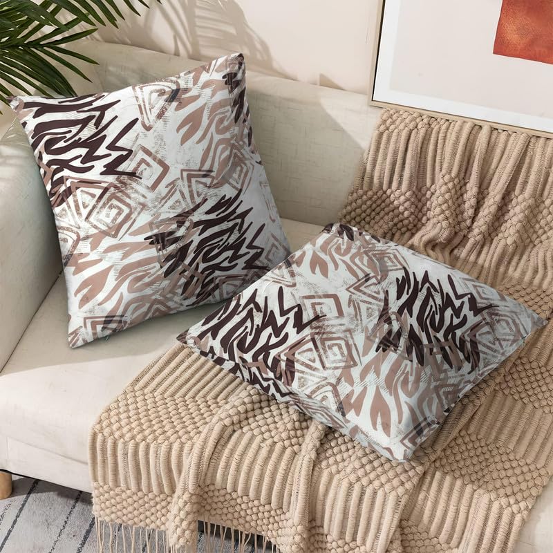 INtex CURTAINS HOUSE Printed Linen Velvet Cushion Covers, Throw Pillow Covers, Maria's Pattern Design, Decorative Pillow Covers, Set Of 2 Pieces Café x Brown 30W x 30L CM