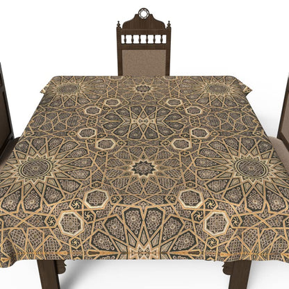Islamic Diwan Waterproof Tablecloth, a Multicolor 140x140 cm Square Table Cover of Spillproof Polyester with a Traditional Pattern, a Durable Protector for Elegant Dining Occasions
