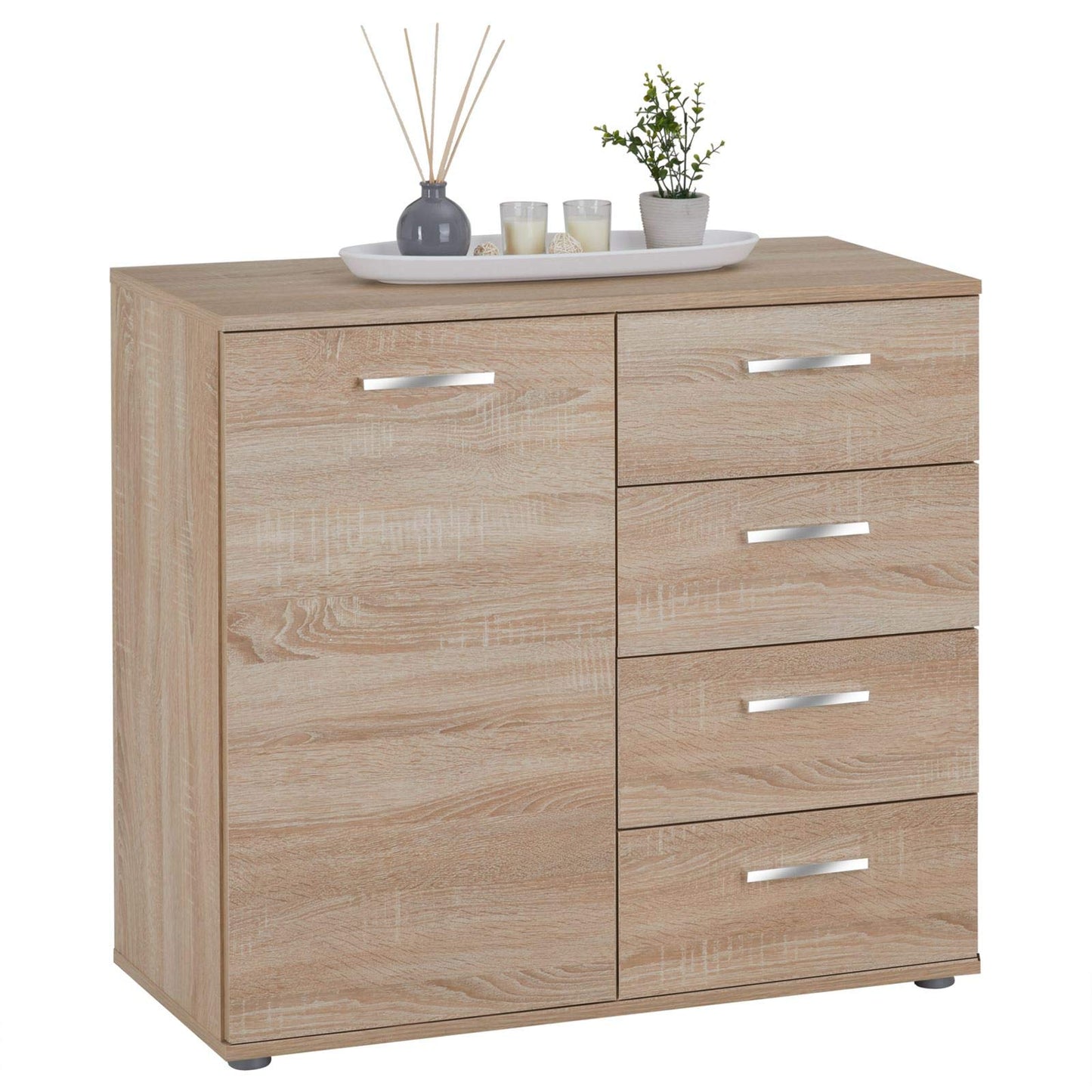 Chest of Drawers Sideboard in Sonoma Oak, Highboard with 1 Door and 4 Drawers, Versatile Storage Cabinet for Living Room or Hallway, Modern Wood Furniture