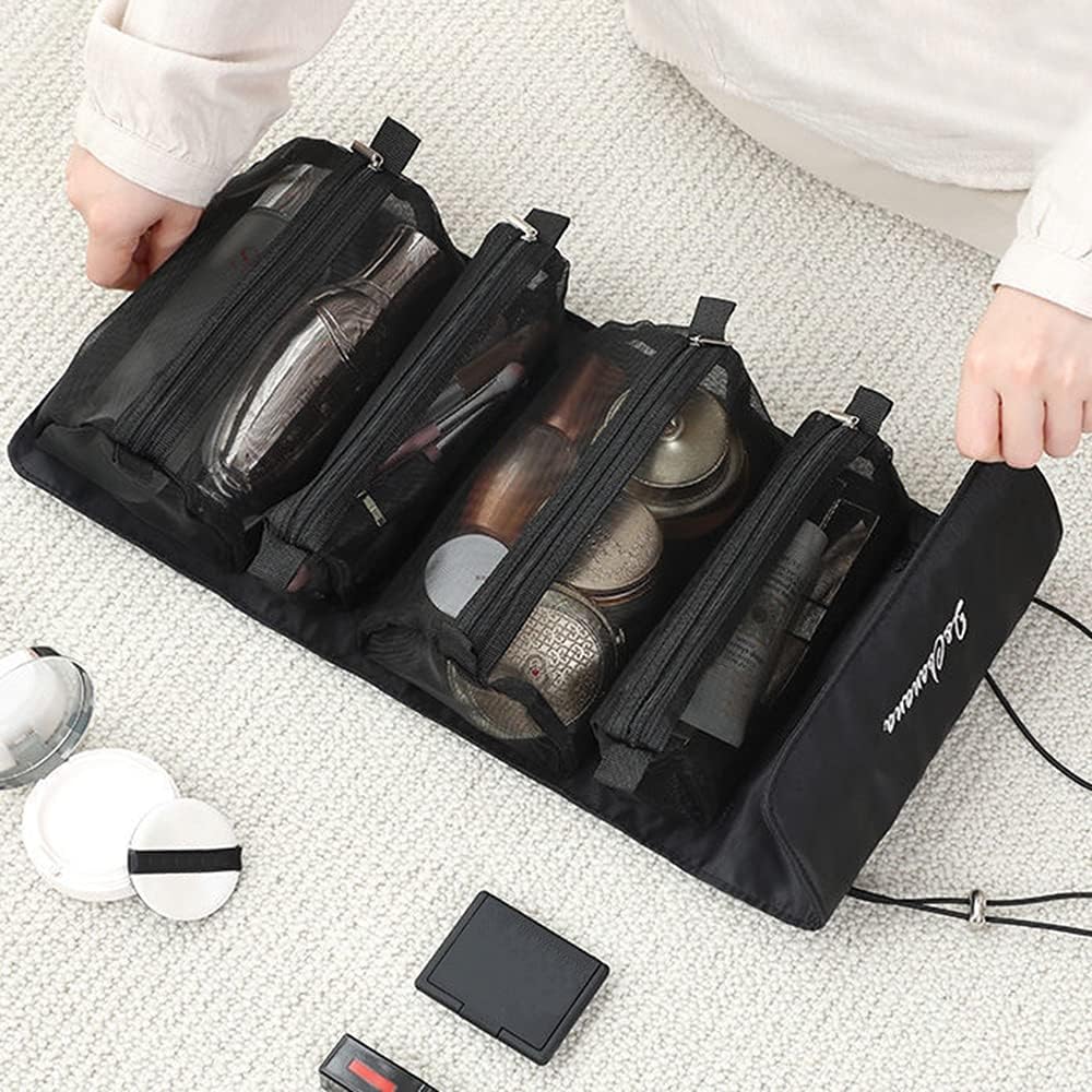 LATIT Toiletry Bag Travel,4 in 1 Waterproof Foldable Makeup Cosmetic Bag, Portable Compact Cosmetic Travel Bag, Small Removable Toiletry Bag for Women and Girls, Black,