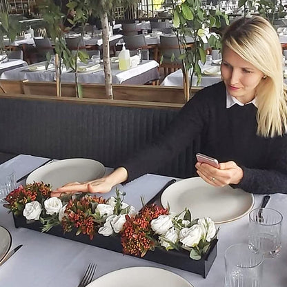 Rectangular Floral Centerpiece, 60 cm Black Acrylic Low-Laying Vase with LED Base for Dining Table, Modern Flower Arrangement for Home Decor or Weddings, Unique Design - Black