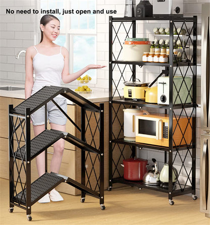 Metal Organizers Rolling Cart Display Wire Rack Shelf,5-Tier Foldable Storage Shelving Unit,with Wheels Freestanding Book Shelf Folding Storage Rack Unit, for Garage Bedroom Kitchen and Pantry