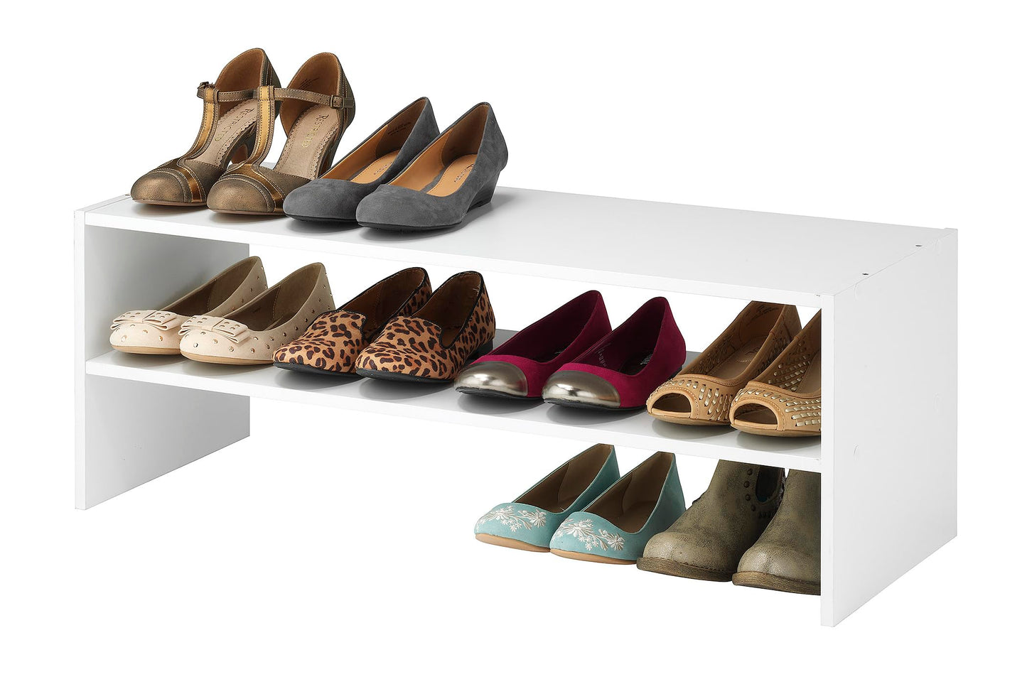 Wooden Shoe Organizer in White, 2-Shelf Freestanding Shoe Rack, Expandable Storage for Entryway or Closet, Simple and Modern Footwear Solution (31")