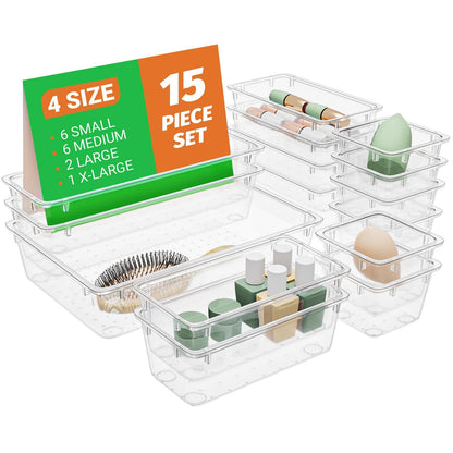 SpaceHacks 15 PCS Clear Plastic Drawer Organizer Set, 4-Size Acrylic Drawer Storage Trays, Storage Bins for Makeup, Gadgets, and Jewelry in Bathroom, Bedroom and Office, Clear