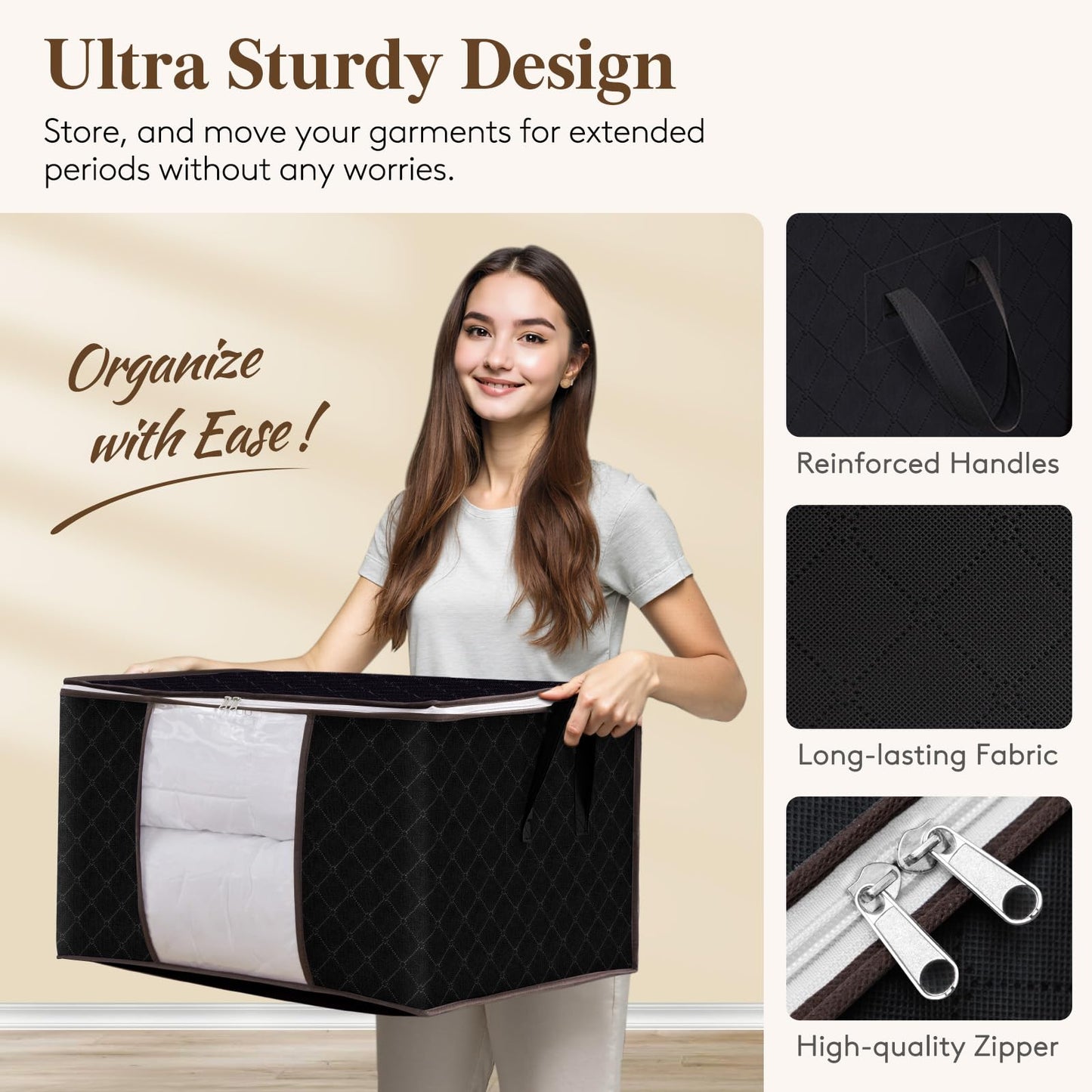 Lifewit 4 Packs Clothes Storage Bag, Storage Bins for Clothes, Blankets, Comforters, Foldable Clothing Storage with Reinforced Handle, Sturdy Zipper, Closet Organizer With Clear Window, Black