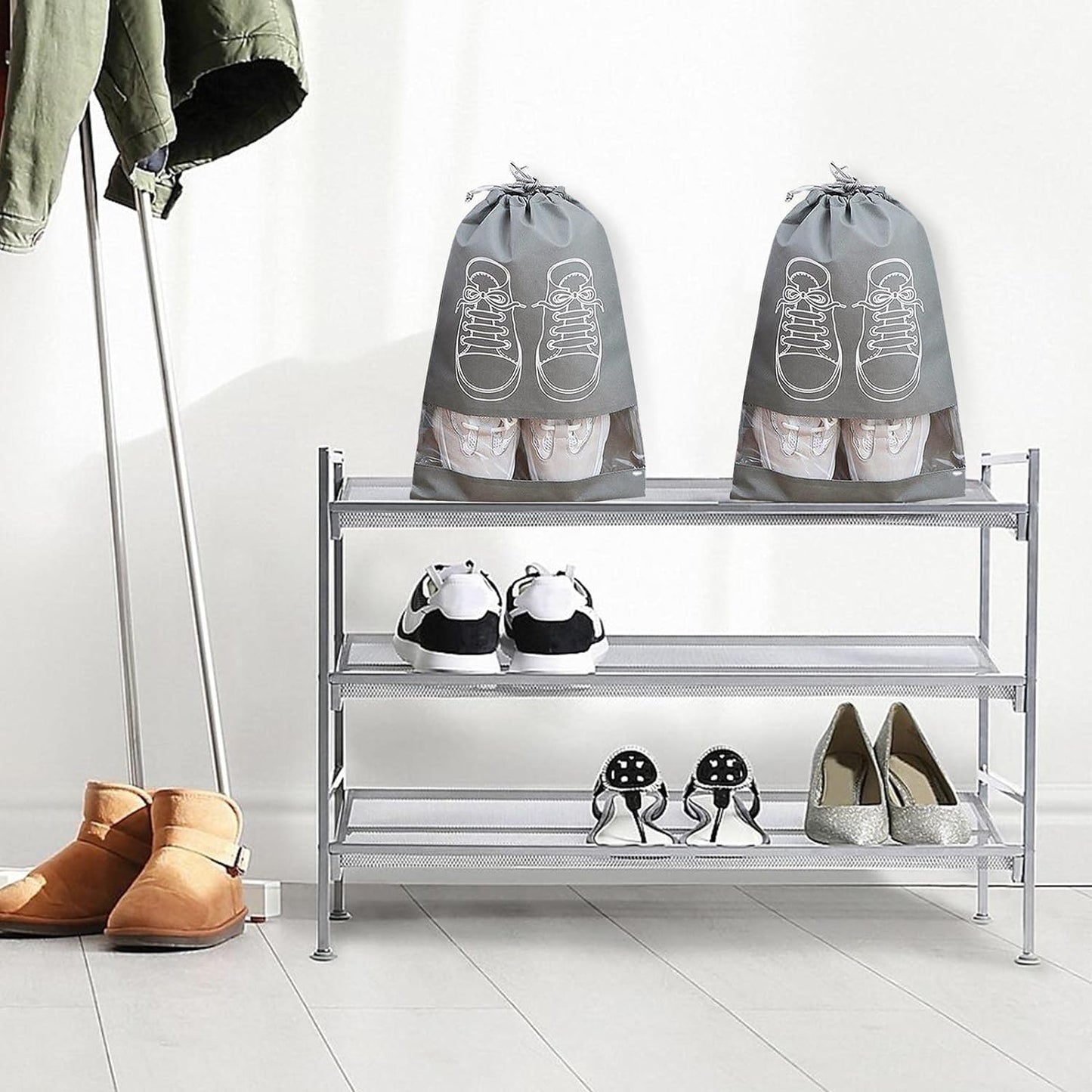 Large Shoe Storage Bags, Dustproof Drawstring Shoe Bags with Transparent Window, Waterproof Travel Organizer, Portable Shoe Pouches - Grey - 18 pieces