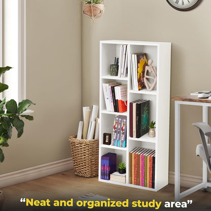 DIY 7-Cube Engineered Wood Book Shelf, a Multipurpose Open Storage Organizer and Book Stand for Home, Office, or Study Room, presented in a clean and modern White finish