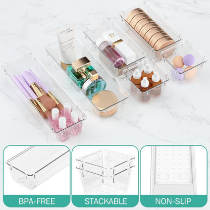 Zollyss Desk Drawer Organizer Trays Various Size Bathroom Drawer Tray Dividers Plastic Vanity Organizers Storage Bins for Makeup Dresser Kitchen Office (Clear) (6 PCS)