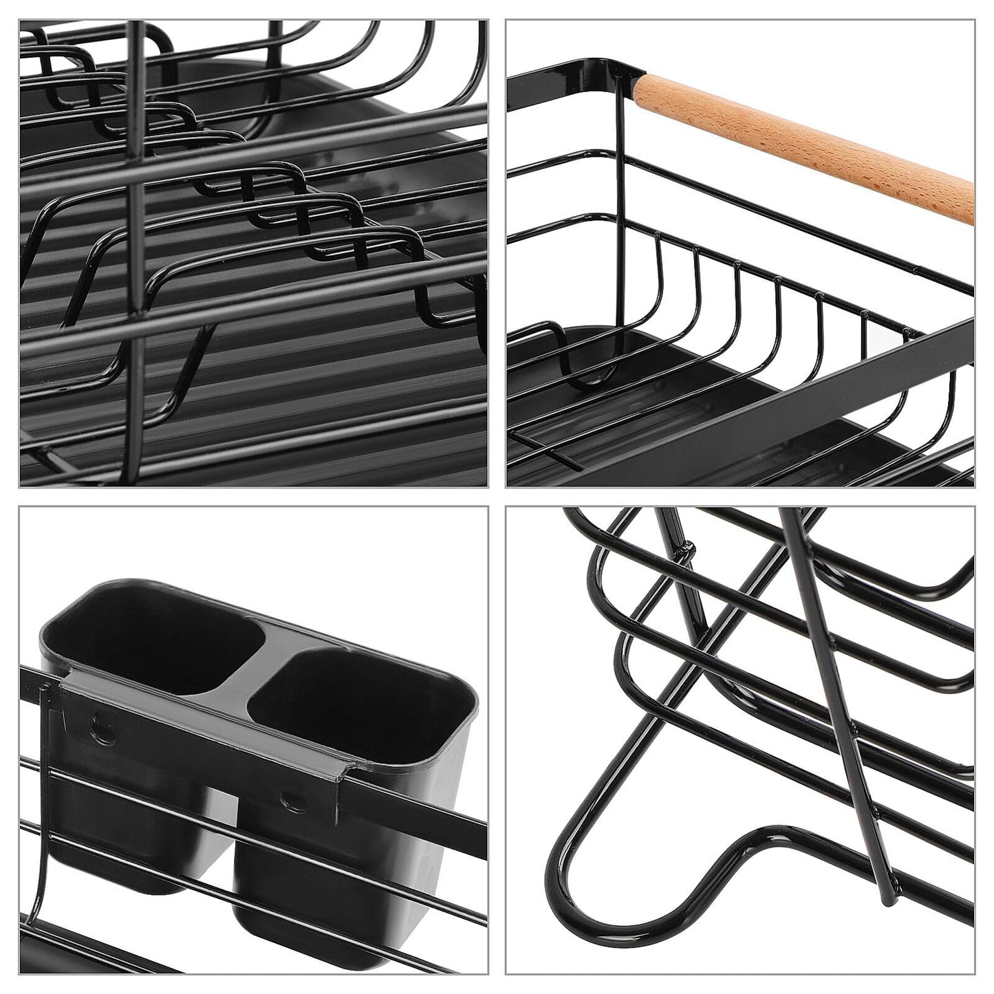 KingSaid Dish Drainer Black Matt Metal Dish Rack for Sink with Cutlery Holder and Plastic Drip Tray, Stainless Steel Dish Rack for Sink (42 x 32.5 x 14 cm)
