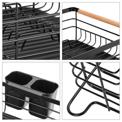 KingSaid Dish Drainer Black Matt Metal Dish Rack for Sink with Cutlery Holder and Plastic Drip Tray, Stainless Steel Dish Rack for Sink (42 x 32.5 x 14 cm)